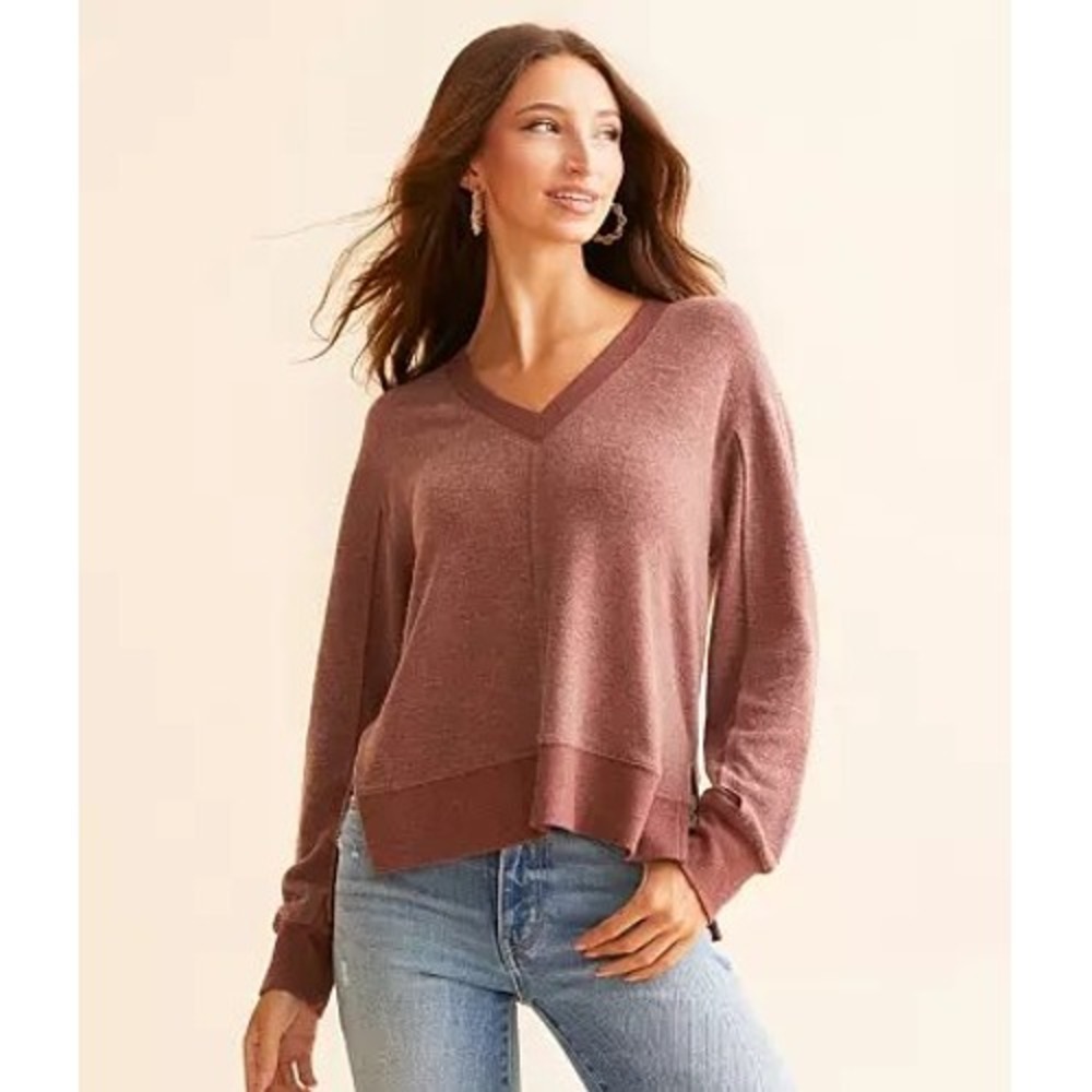 White Crow Womens V-Neck Long Sleeve Marled Knit Pullover Top Mauve Medium